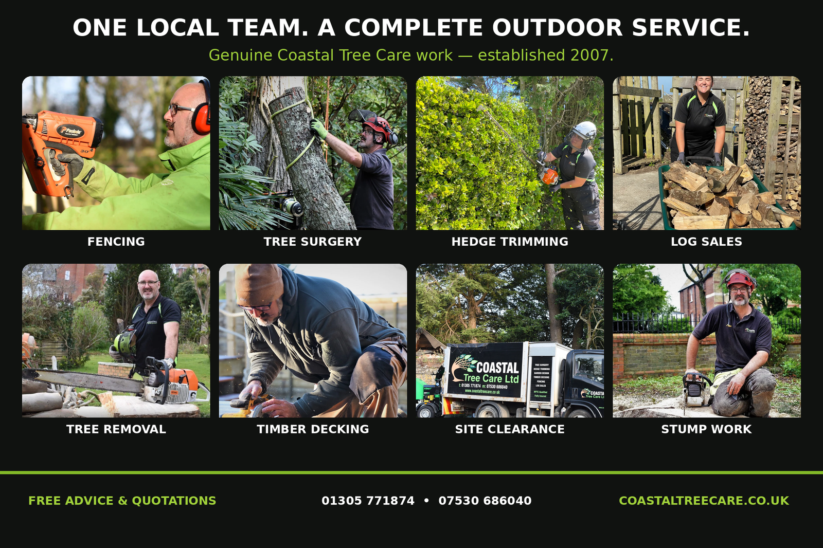 Coastal Tree Care Outdoor Services Gallery Coastal Tree Care outdoor services including tree surgery, hedge trimming, fencing, decking, site clearance and log sales